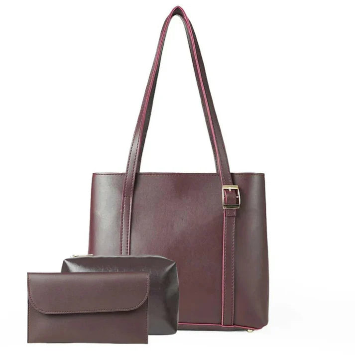 Women's Tote Bag Bundle featuring a structured handbag, zip-top organizer, and matching wallet in burgundy.