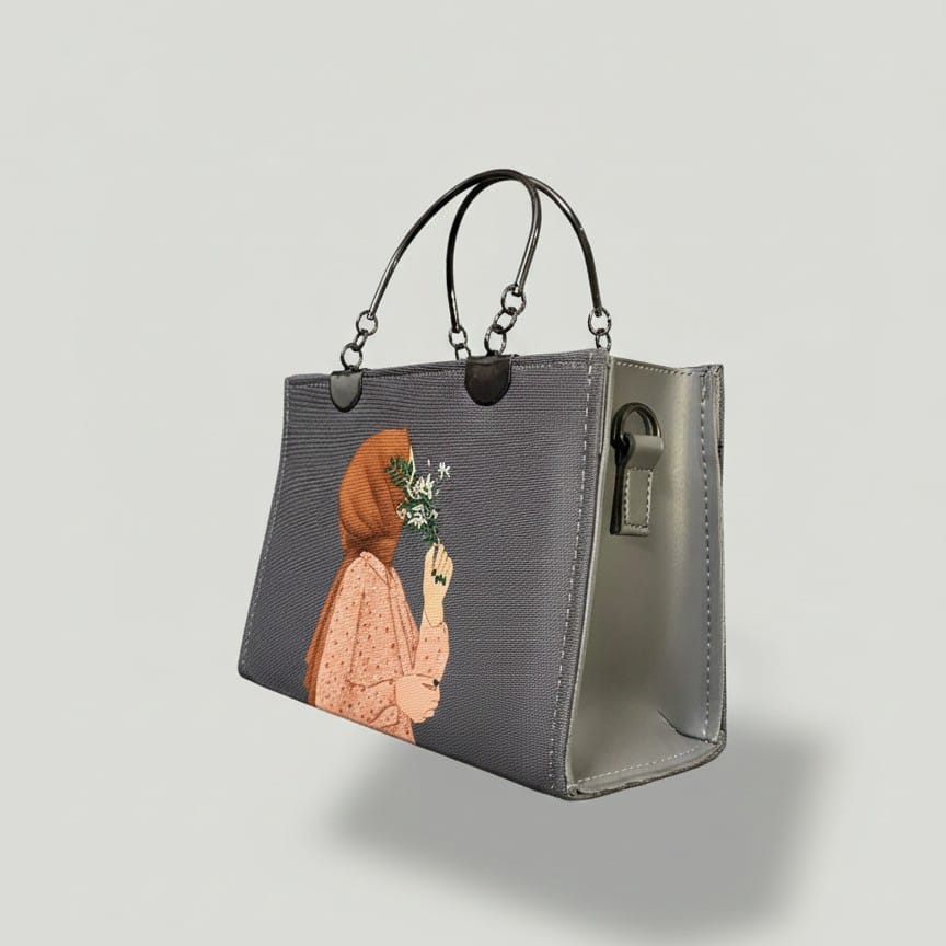 Gray Structured Top Handle Bag with Monochrome Art Print