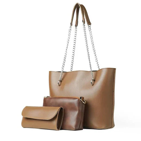 Women's Handbag Bundle with Chain Detail | Tote, Pouch, Wallet in stylish brown leather design.