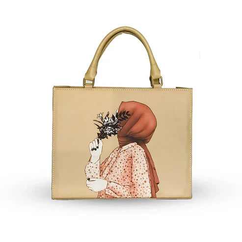 Black Structured Top Handle Bag with Artistic Print
