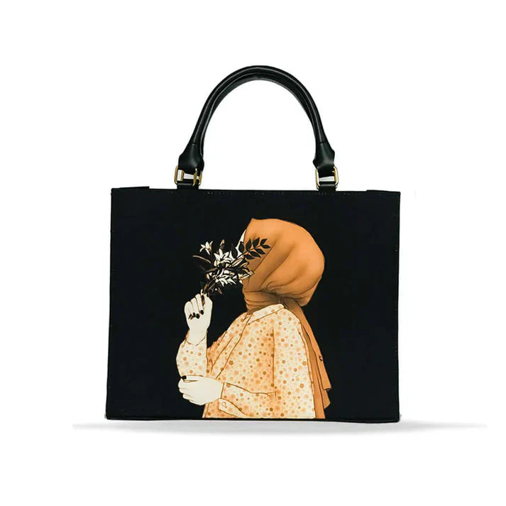 Gray Structured Top Handle Bag with Monochrome Art Print