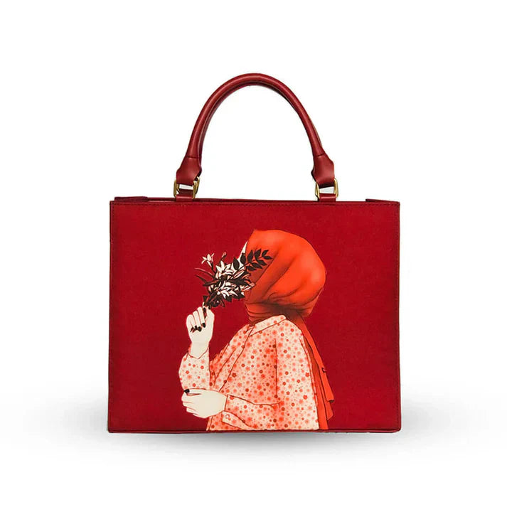 Gray Structured Top Handle Bag with Monochrome Art Print