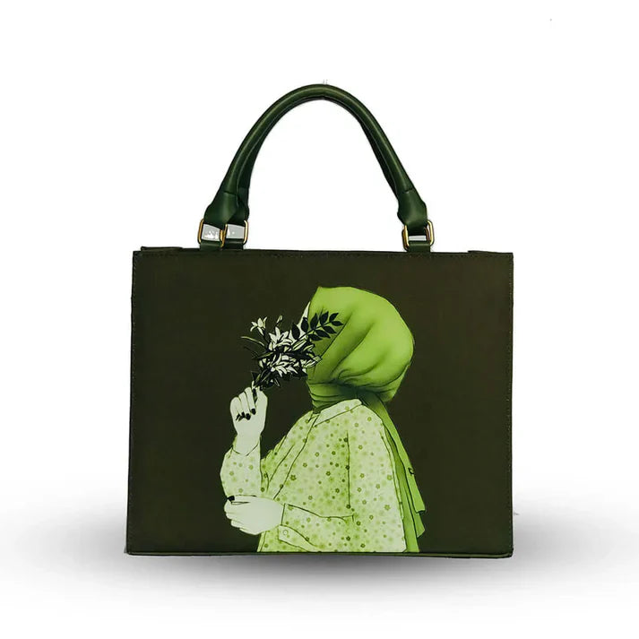 Black Structured Top Handle Bag with Artistic Print