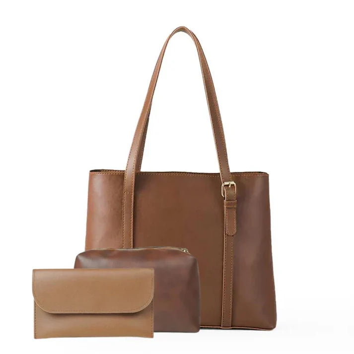 Women's Tote Bag Bundle featuring a structured handbag, zip-top organizer, and matching wallet in brown.