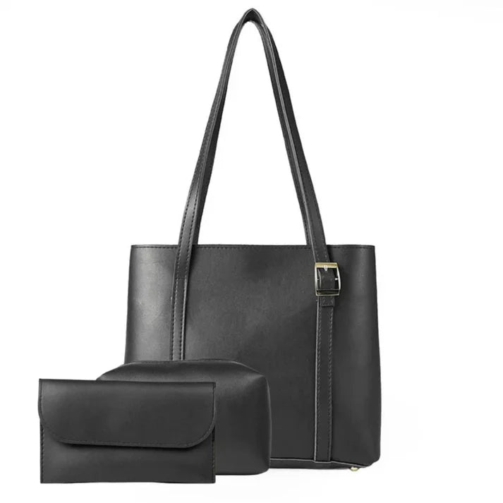 Women's Tote Bag Bundle featuring a structured handbag with a zip-top organizer and matching wallet in black.