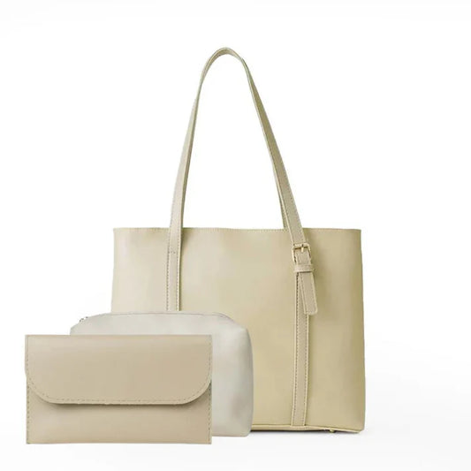 Women's Tote Bag Bundle featuring a structured handbag with a matching wallet and zip-top organizer in a stylish beige color.