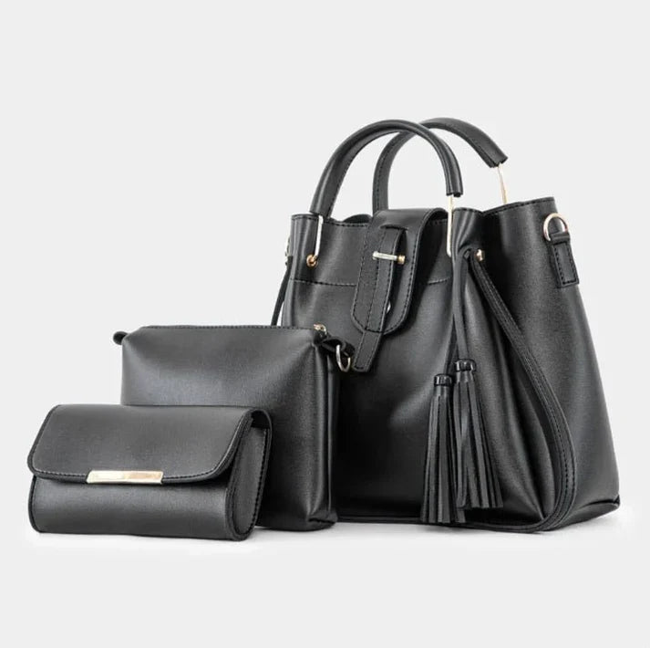 Women's handbag bundle featuring a structured tote, crossbody bag, and wallet in black leather.