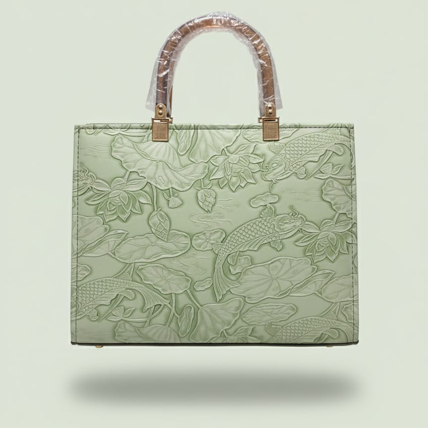 Embossed Sage Green Square Tote with Wooden Top Handle