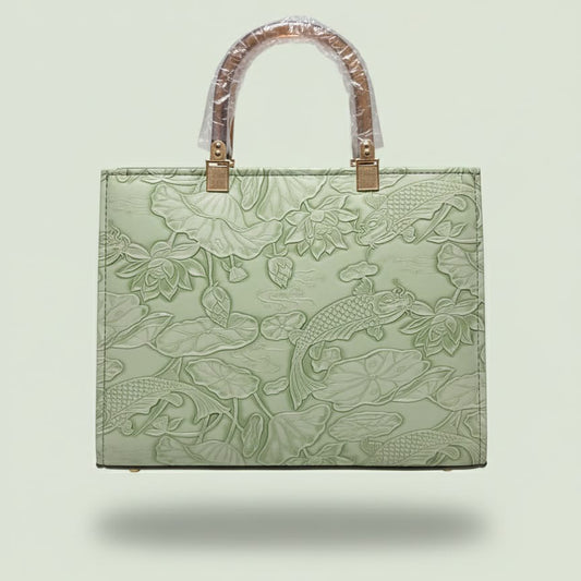 Embossed Sage Green Square Tote with Wooden Top Handle