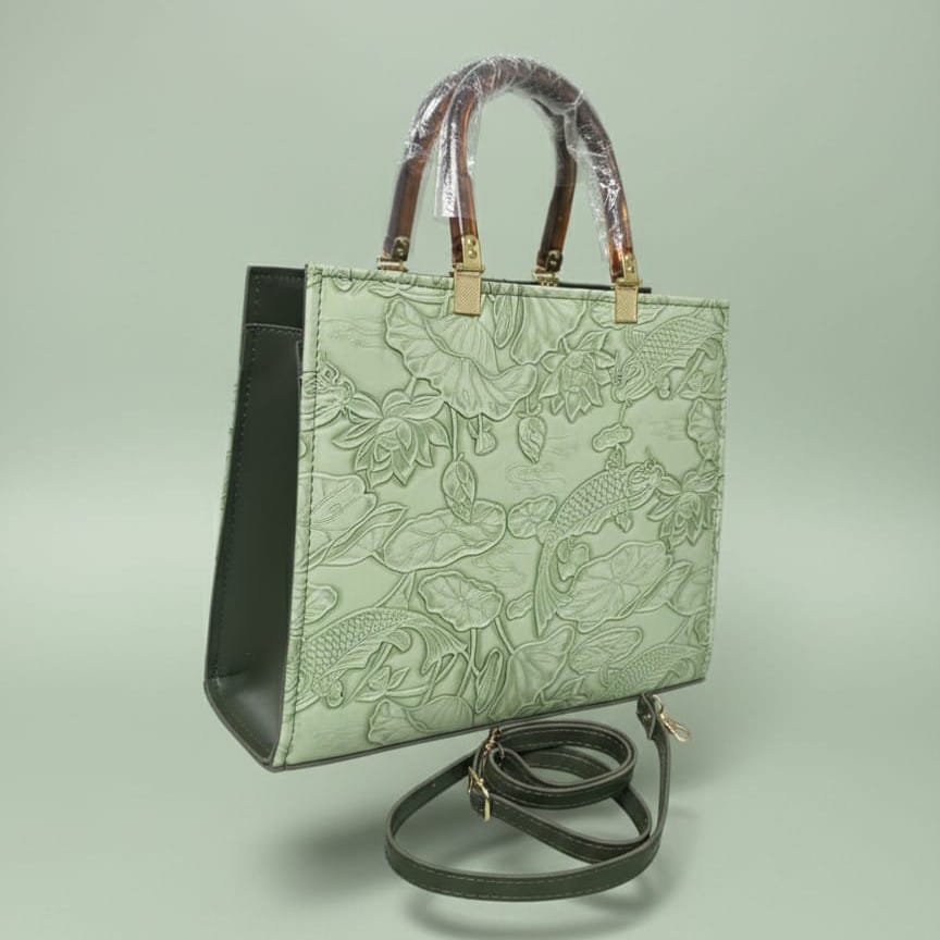 Embossed Sage Green Square Tote with Wooden Top Handle