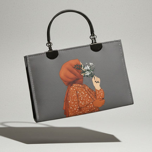 Gray Structured Top Handle Bag with Monochrome Art Print