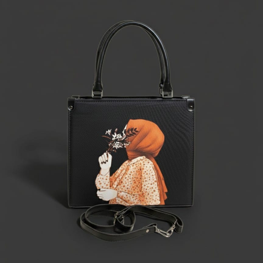 Black Structured Top Handle Bag with Artistic Print