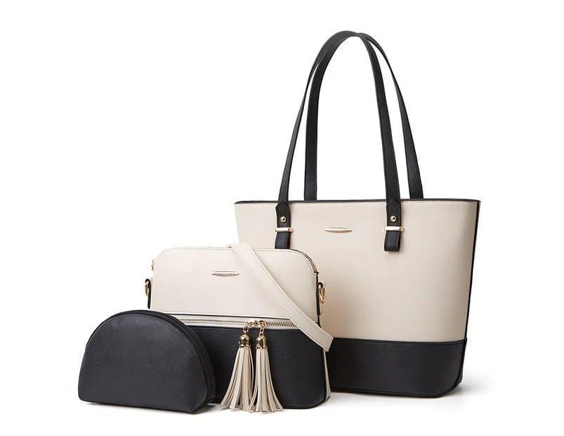 Elegant 3-Piece Cream & Black Handbag Set 