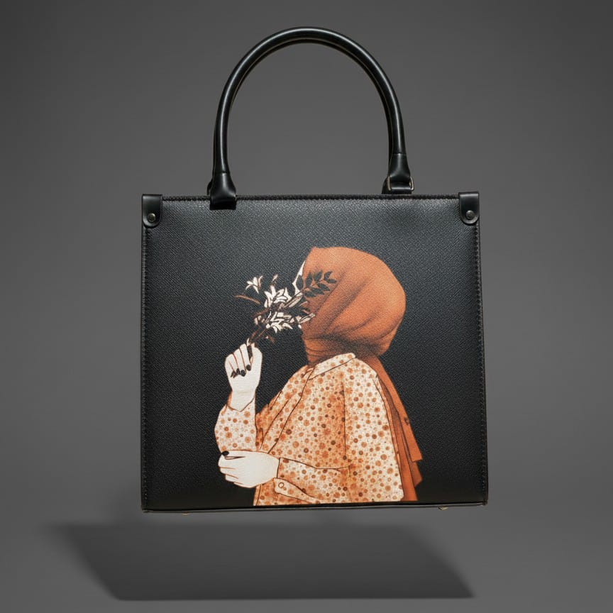 Black Structured Top Handle Bag with Artistic Print