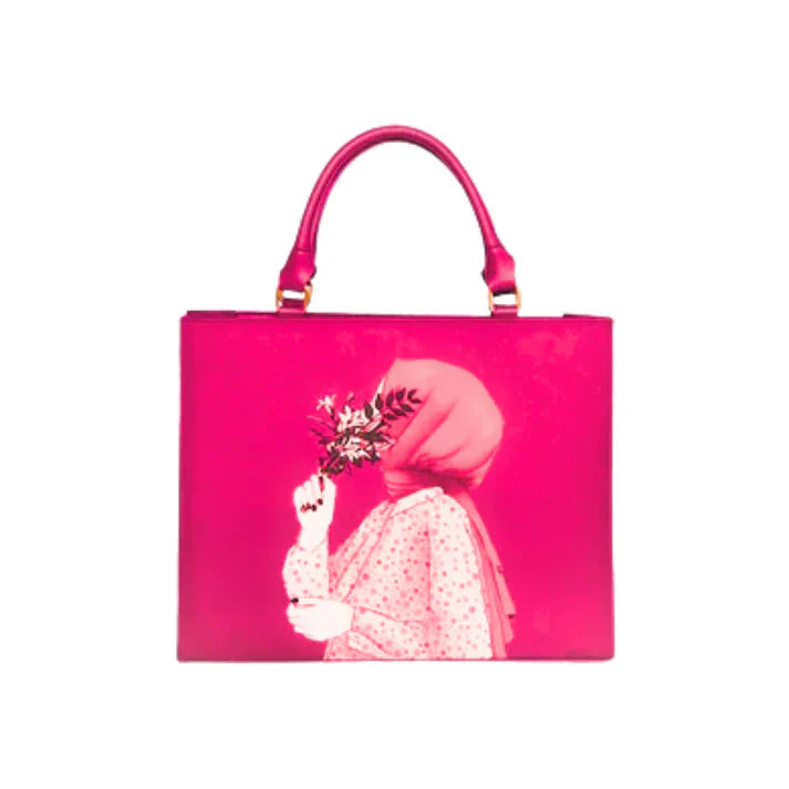 Black Structured Top Handle Bag with Artistic Print