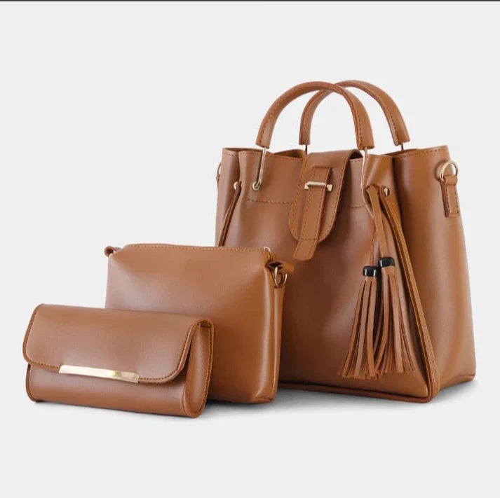 Women's handbag bundle featuring a structured tote, crossbody bag, and wallet in brown leather.