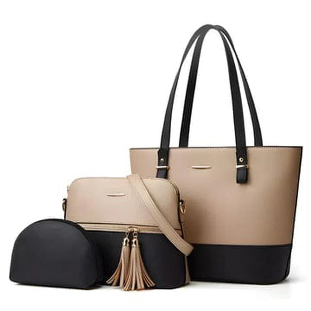 Elegant 3-Piece Cream & Black Handbag Set 