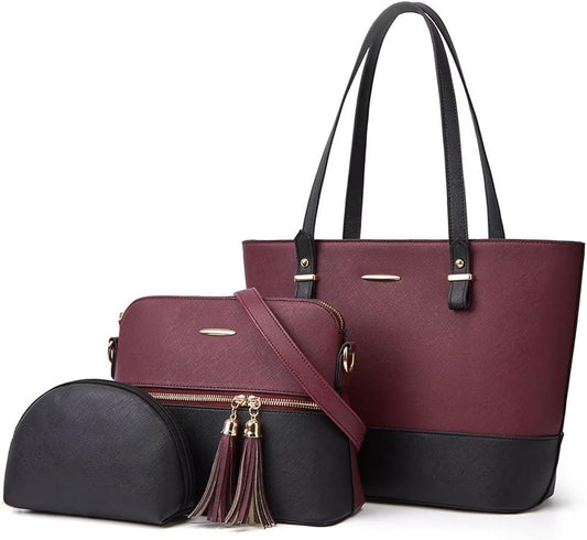 Elegant 3-Piece Cream & Black Handbag Set 