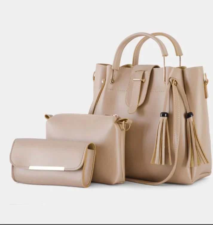 Women's handbag bundle including a structured tote and a crossbody bag with a coordinating wallet in beige.
