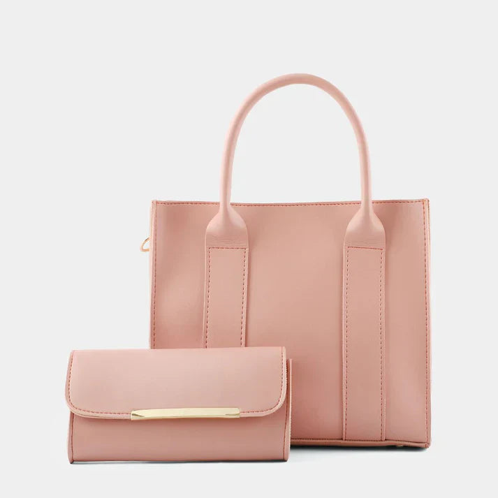 Elegant Pink Leather Tote Bag & Matching Clutch Wallet