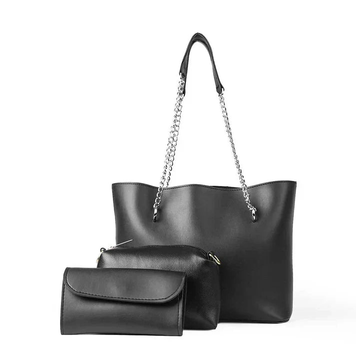 Women's Handbag Bundle with Chain Detail | Tote, Pouch, Wallet in stylish black design.