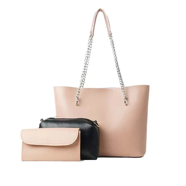 Women's Handbag Bundle with Chain Detail | Tote, Pouch, Wallet includes a beige tote and black pouch.