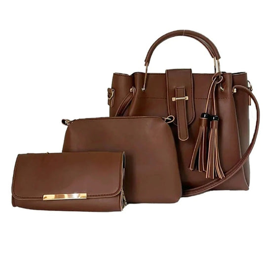Women's handbag bundle featuring a structured tote, crossbody bag, and wallet in brown.